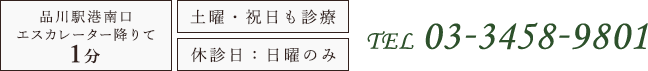 品川駅港南口エスカレーター降りて1分 土曜・祝日も診療 休診日：日曜のみ 0334589801